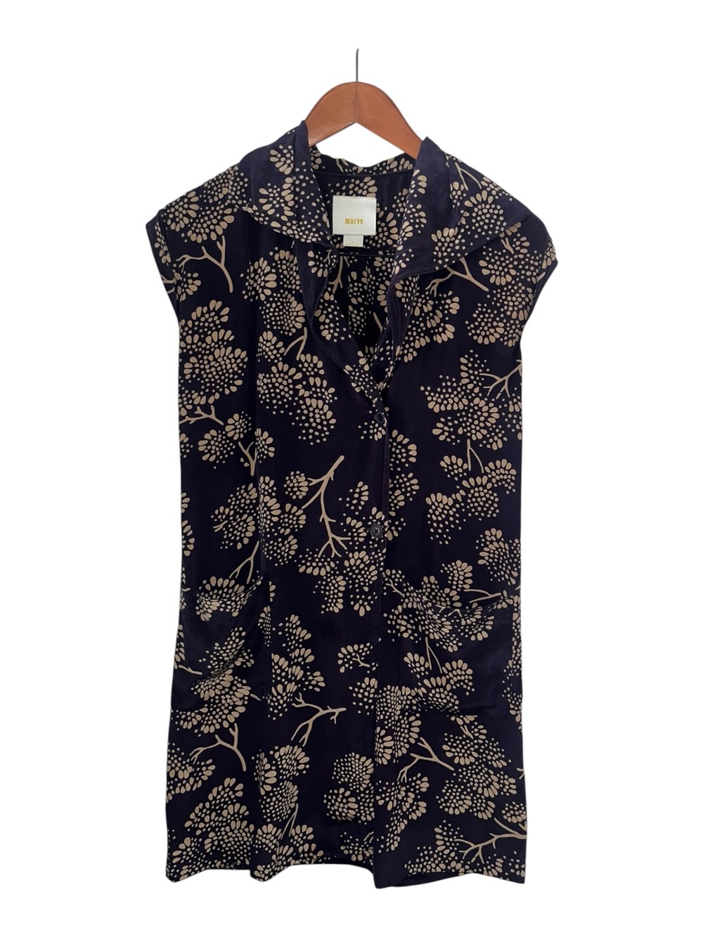 Maeve 100% silk Navy Mini Dress with Beige Floral Print. Oversized